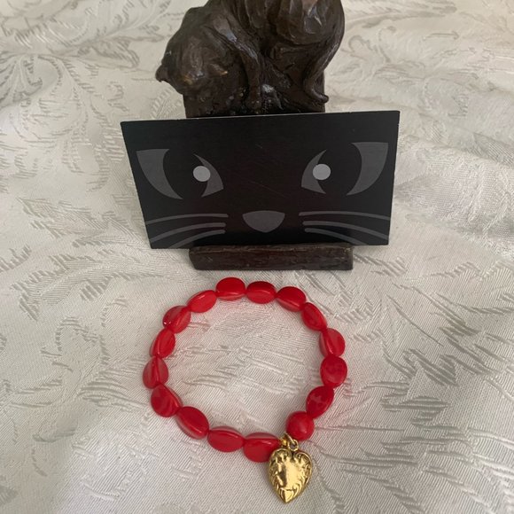 Red Multi-Shaped Beaded Bracelet with Gold Heart Charm - Picture 1 of 3